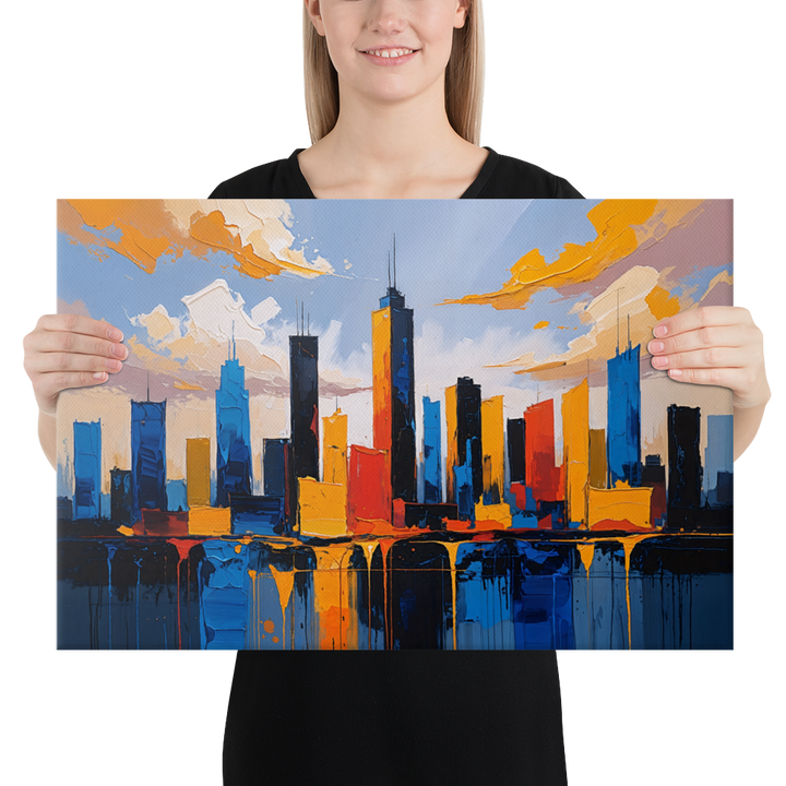 Vibrant Abstract Cityscape Wall Art – Textured Modern Painting in Blue, Orange & Red