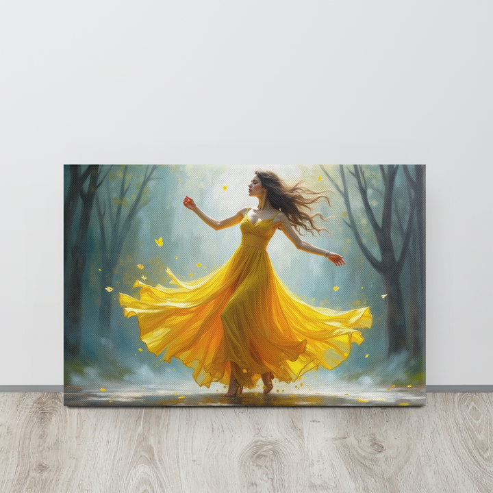 Surreal Oil Painting of Dancing Woman in Yellow Dress – Abstract Glass-Inspired Art in Blue and Gray