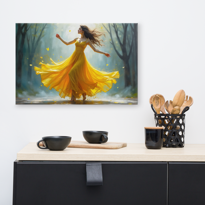 Surreal Oil Painting of Dancing Woman in Yellow Dress – Abstract Glass-Inspired Art in Blue and Gray