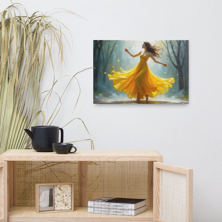 Surreal Oil Painting of Dancing Woman in Yellow Dress – Abstract Glass-Inspired Art in Blue and Gray