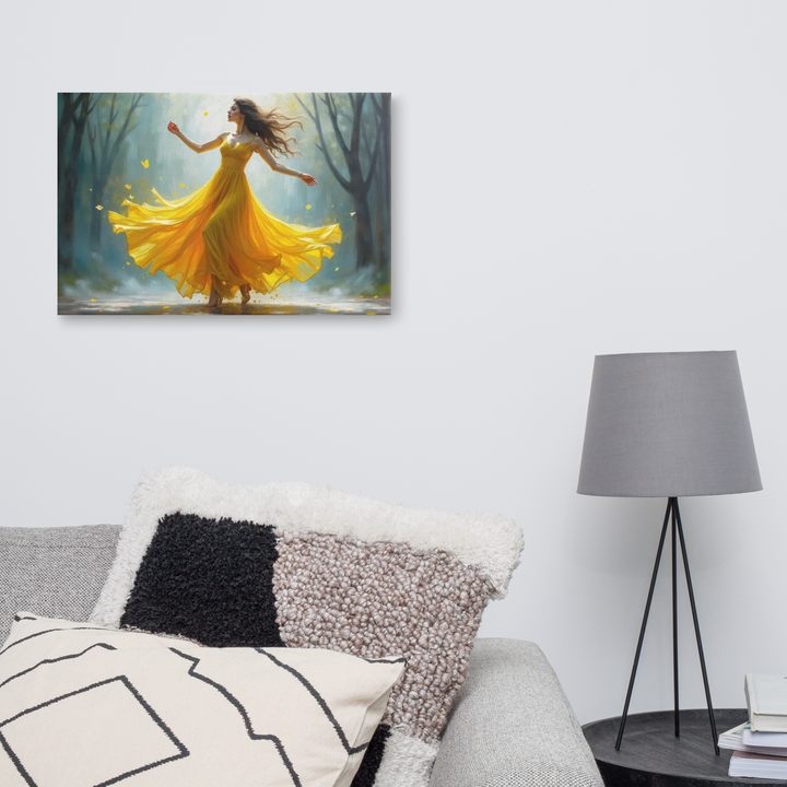 Surreal Oil Painting of Dancing Woman in Yellow Dress – Abstract Glass-Inspired Art in Blue and Gray