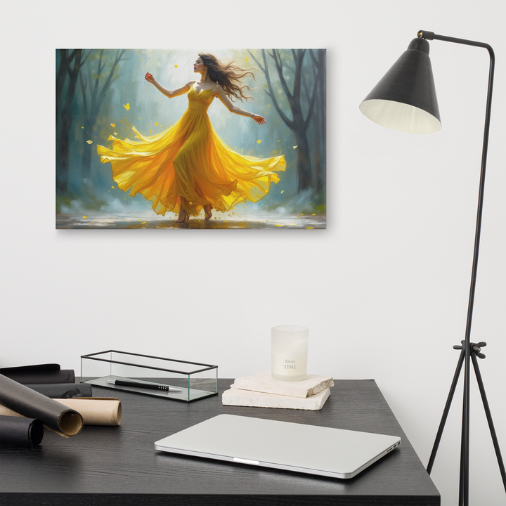 Surreal Oil Painting of Dancing Woman in Yellow Dress – Abstract Glass-Inspired Art in Blue and Gray