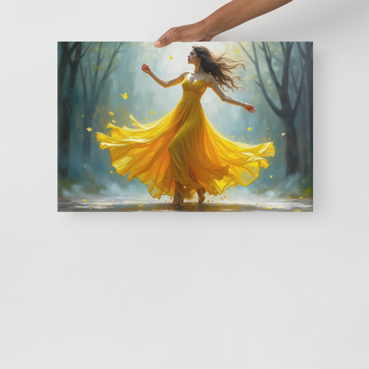 Surreal Oil Painting of Dancing Woman in Yellow Dress – Abstract Glass-Inspired Art in Blue and Gray