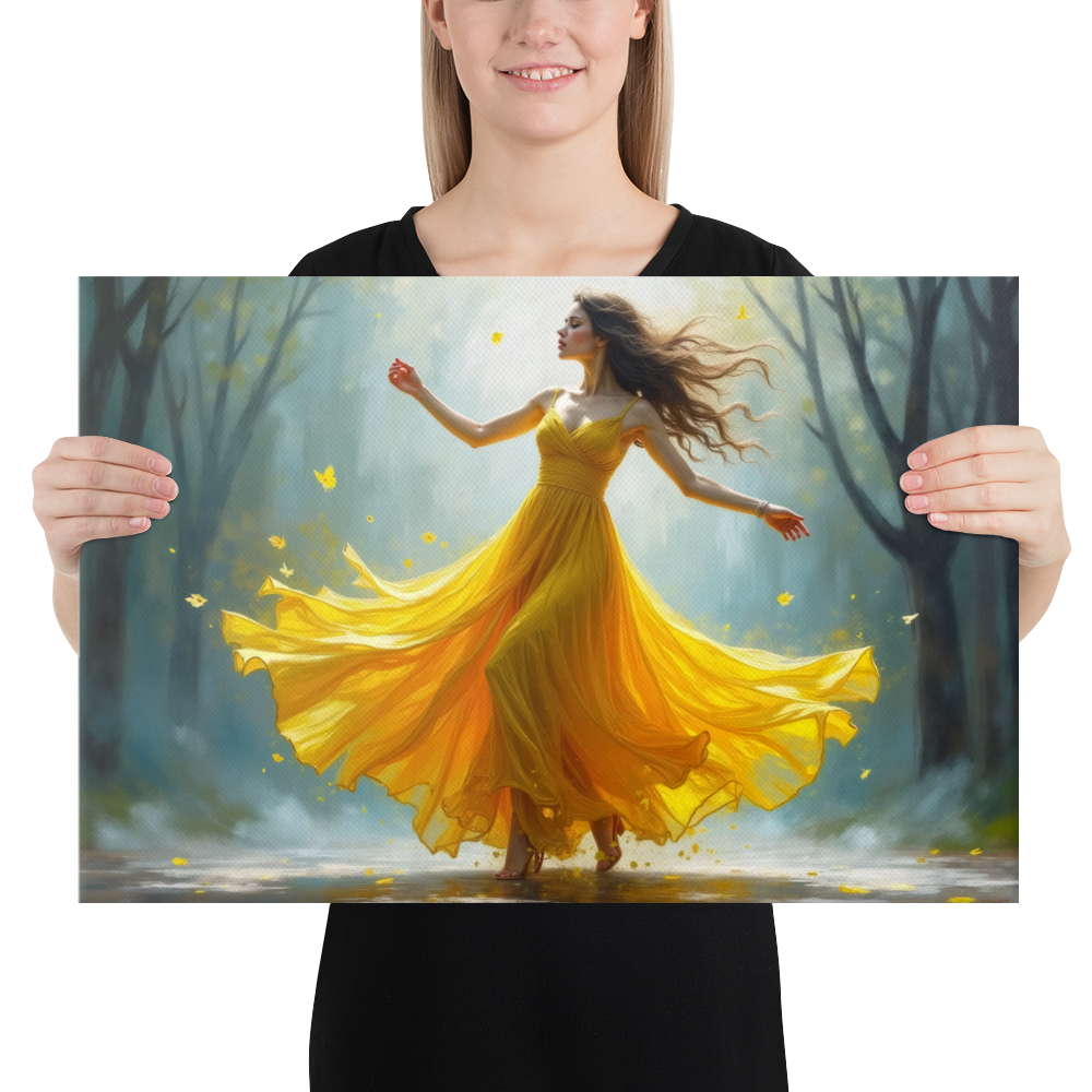 Surreal Oil Painting of Dancing Woman in Yellow Dress – Abstract Glass-Inspired Art in Blue and Gray