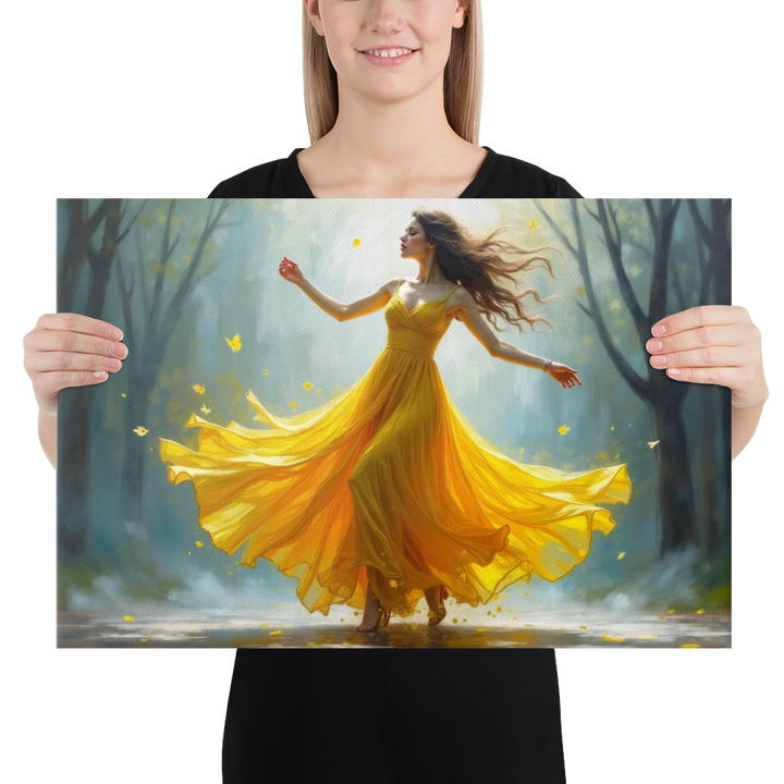 Surreal Oil Painting of Dancing Woman in Yellow Dress – Abstract Glass-Inspired Art in Blue and Gray