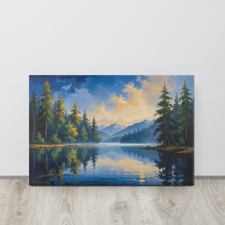 Misty Mountain Lake – Oil Painting Landscape Wall Art in Blue, Green, and Gold