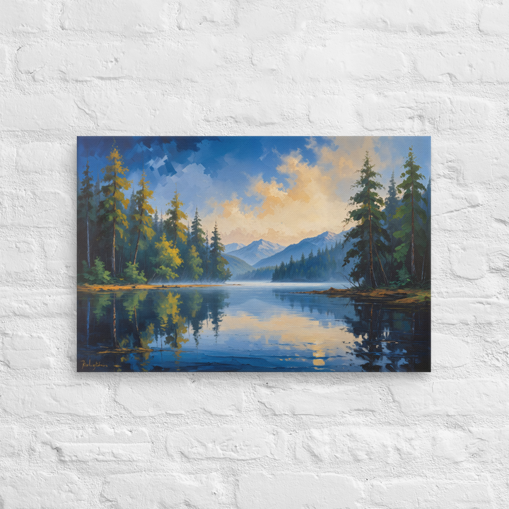 Misty Mountain Lake – Oil Painting Landscape Wall Art in Blue, Green, and Gold