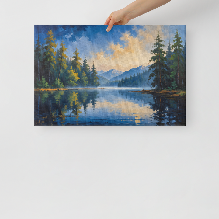 Misty Mountain Lake – Oil Painting Landscape Wall Art in Blue, Green, and Gold