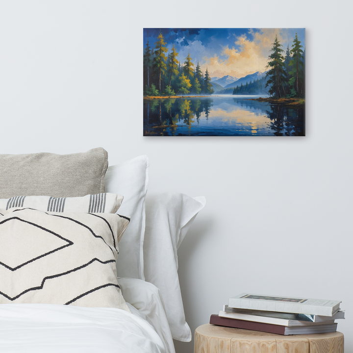 Misty Mountain Lake – Oil Painting Landscape Wall Art in Blue, Green, and Gold