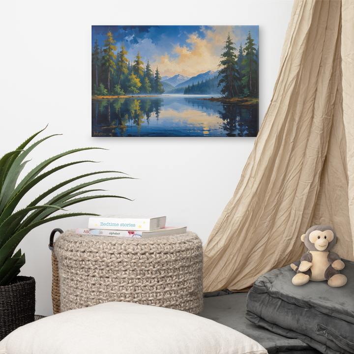 Misty Mountain Lake – Oil Painting Landscape Wall Art in Blue, Green, and Gold