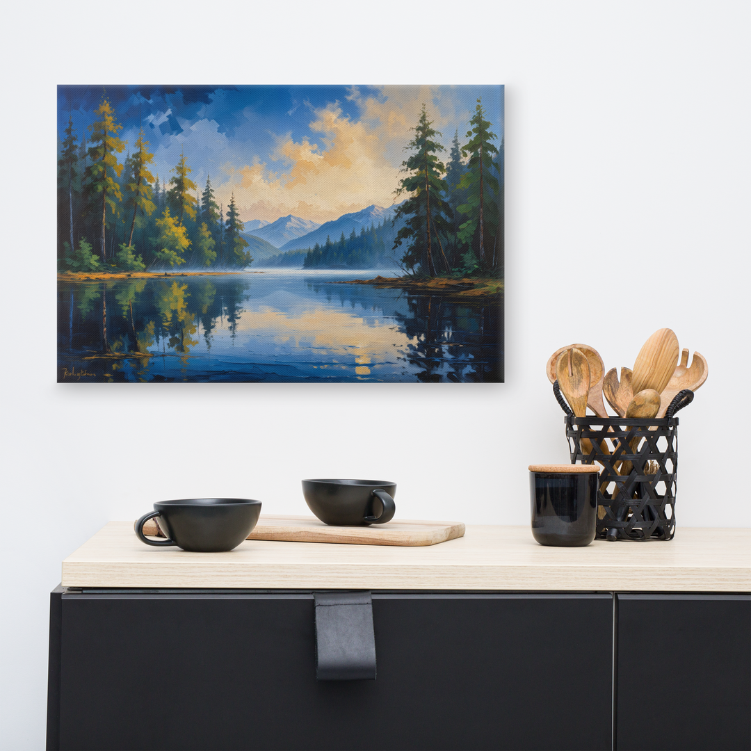 Misty Mountain Lake – Oil Painting Landscape Wall Art in Blue, Green, and Gold