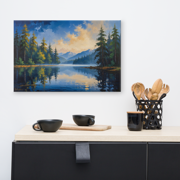 Misty Mountain Lake – Oil Painting Landscape Wall Art in Blue, Green, and Gold