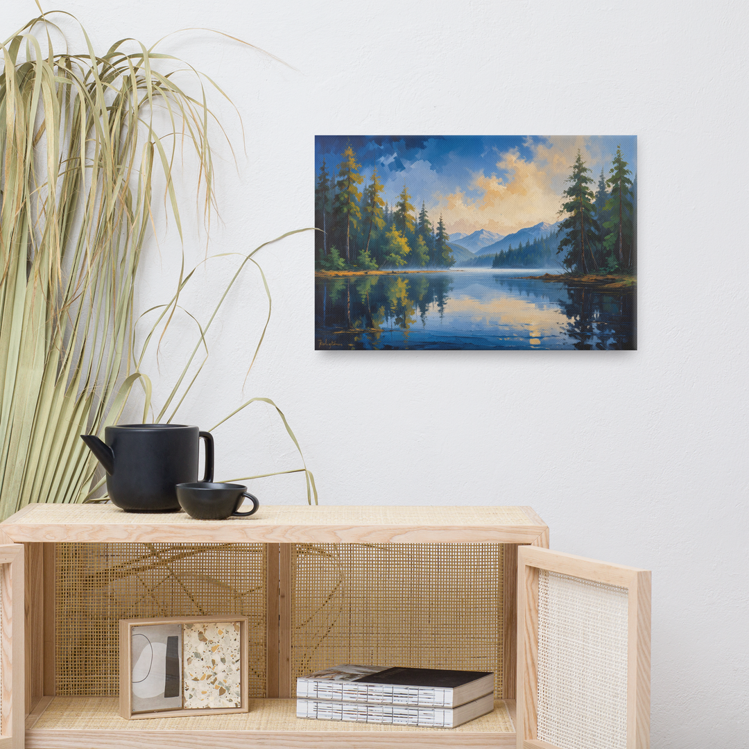 Misty Mountain Lake – Oil Painting Landscape Wall Art in Blue, Green, and Gold