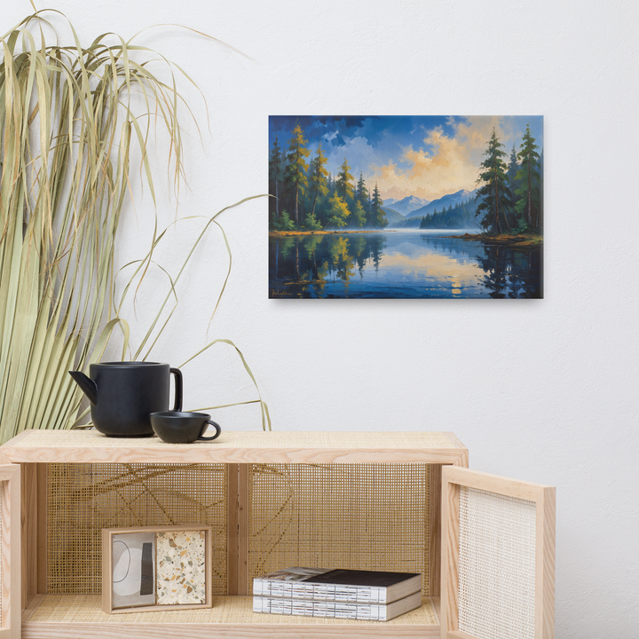 Misty Mountain Lake – Oil Painting Landscape Wall Art in Blue, Green, and Gold
