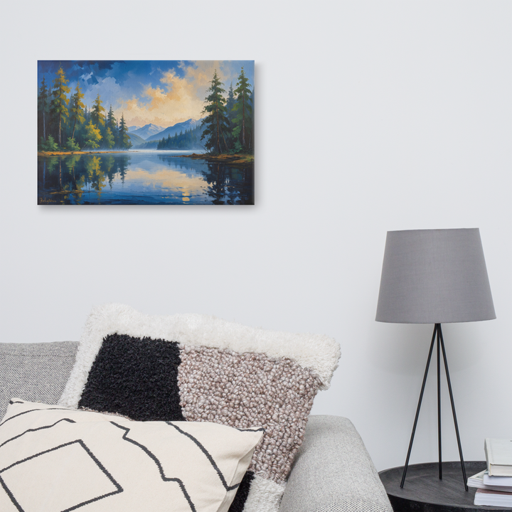 Misty Mountain Lake – Oil Painting Landscape Wall Art in Blue, Green, and Gold