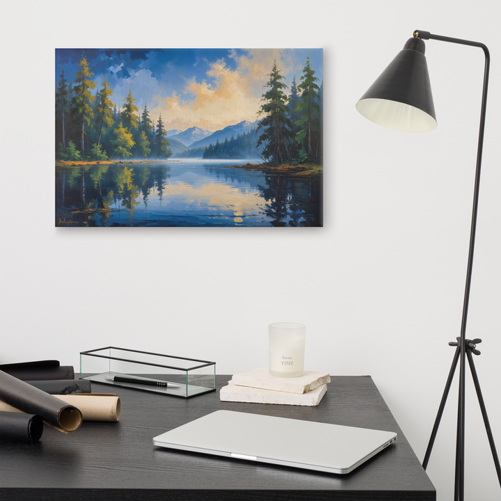 Misty Mountain Lake – Oil Painting Landscape Wall Art in Blue, Green, and Gold