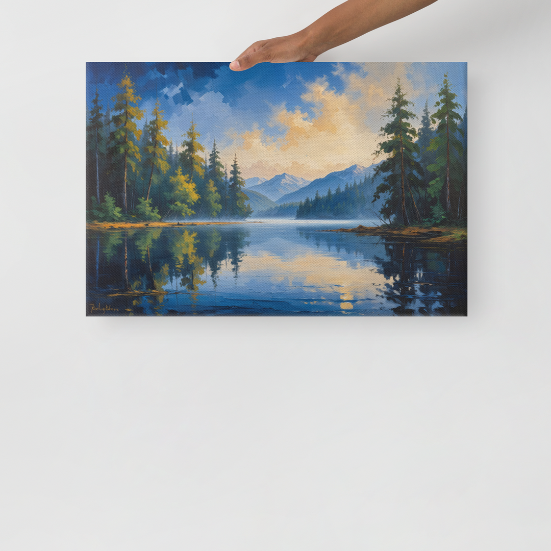 Misty Mountain Lake – Oil Painting Landscape Wall Art in Blue, Green, and Gold