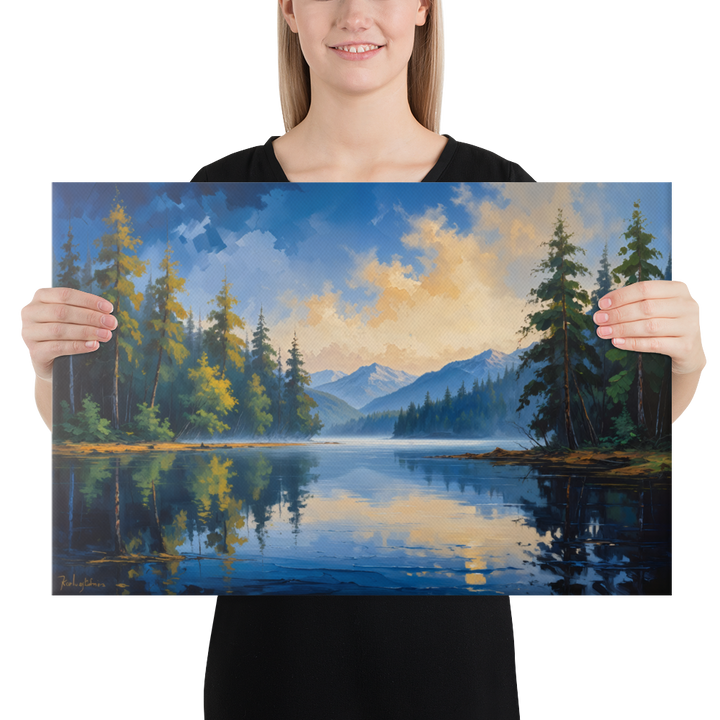Misty Mountain Lake – Oil Painting Landscape Wall Art in Blue, Green, and Gold