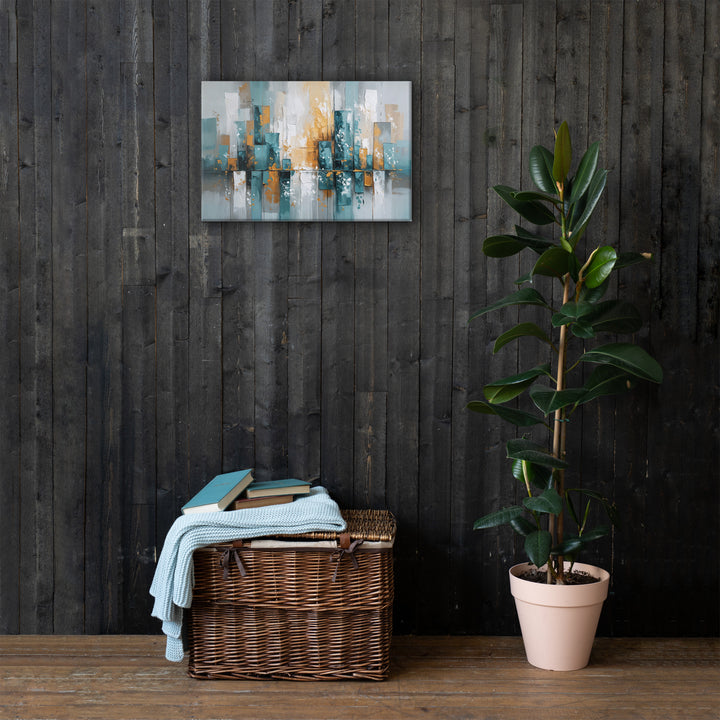 Modern Abstract Cityscape Wall Art – Textured Oil Painting with Teal, Gray & Gold Tones