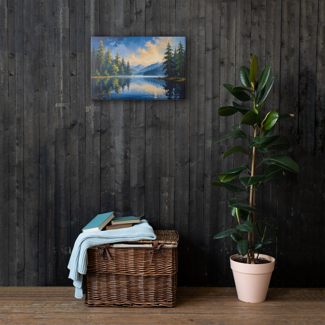Misty Mountain Lake – Oil Painting Landscape Wall Art in Blue, Green, and Gold