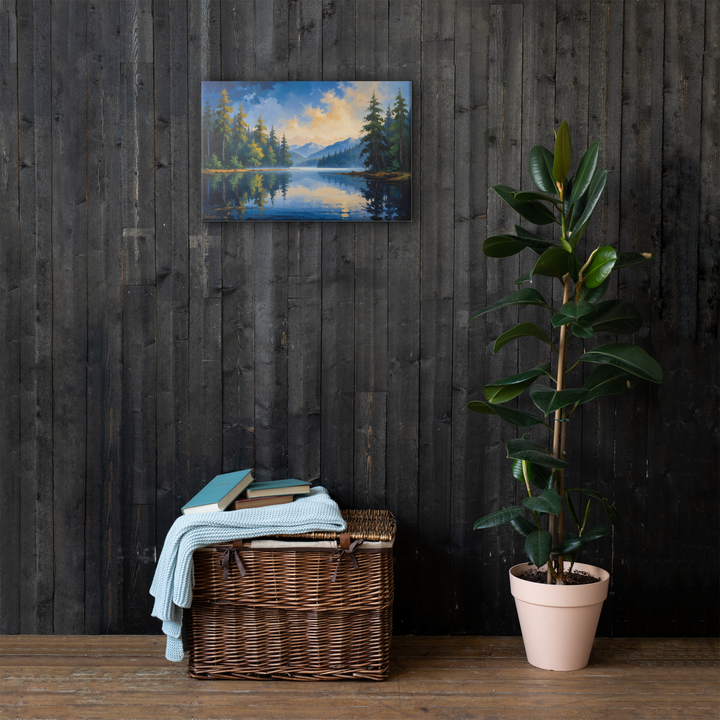 Misty Mountain Lake – Oil Painting Landscape Wall Art in Blue, Green, and Gold