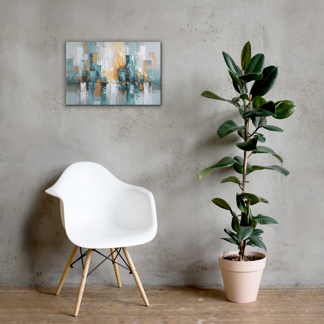 Modern Abstract Cityscape Wall Art – Textured Oil Painting with Teal, Gray & Gold Tones