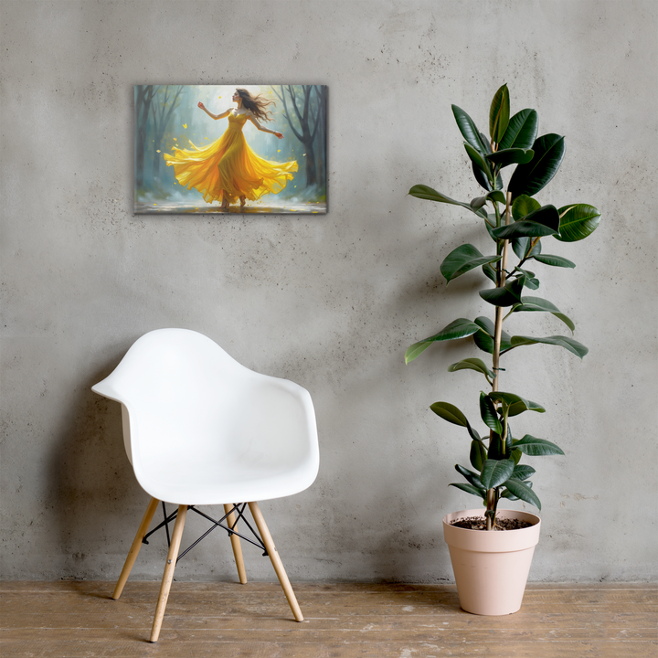 Surreal Oil Painting of Dancing Woman in Yellow Dress – Abstract Glass-Inspired Art in Blue and Gray