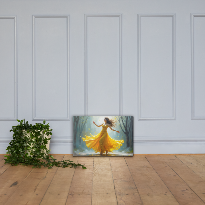 Surreal Oil Painting of Dancing Woman in Yellow Dress – Abstract Glass-Inspired Art in Blue and Gray