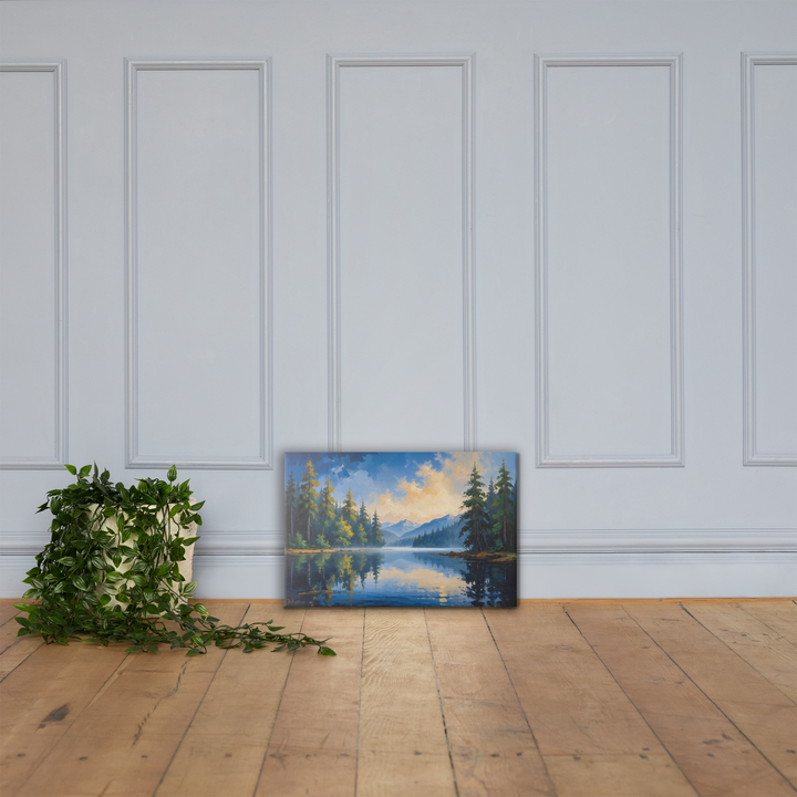 Misty Mountain Lake – Oil Painting Landscape Wall Art in Blue, Green, and Gold