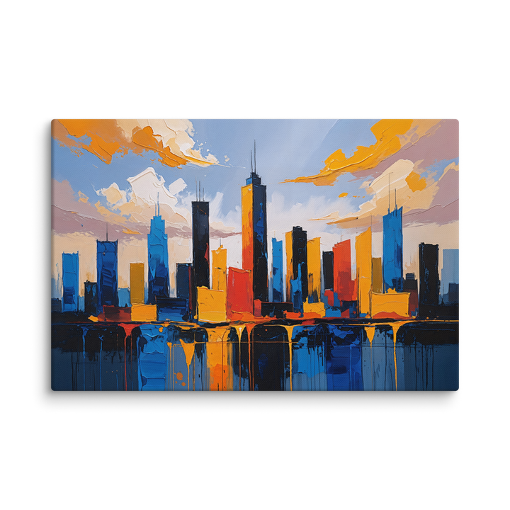 Vibrant Abstract Cityscape Wall Art – Textured Modern Painting in Blue, Orange & Red