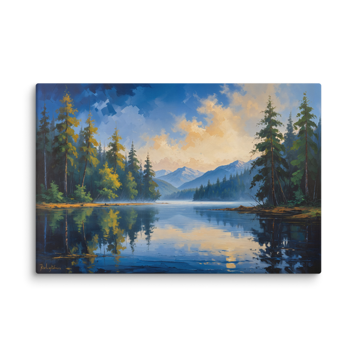 Misty Mountain Lake – Oil Painting Landscape Wall Art in Blue, Green, and Gold