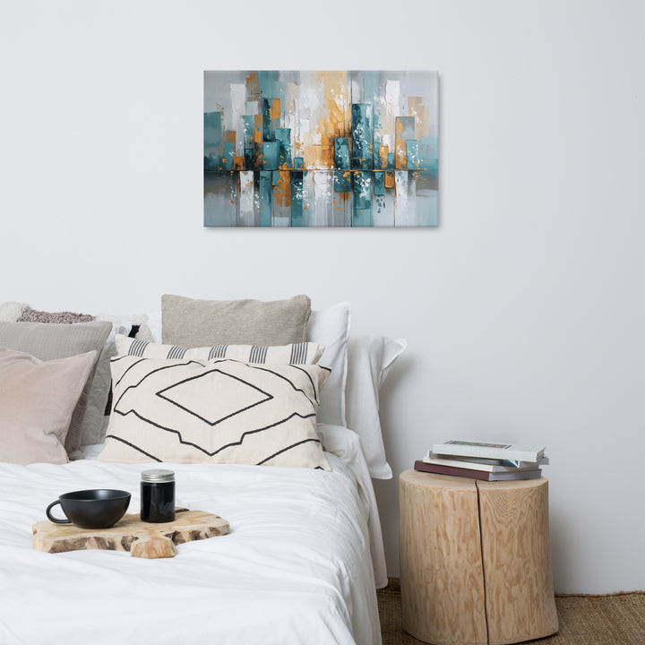 Modern Abstract Cityscape Wall Art – Textured Oil Painting with Teal, Gray & Gold Tones