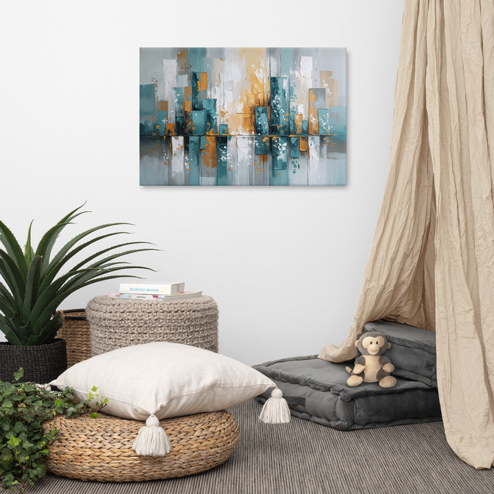 Modern Abstract Cityscape Wall Art – Textured Oil Painting with Teal, Gray & Gold Tones