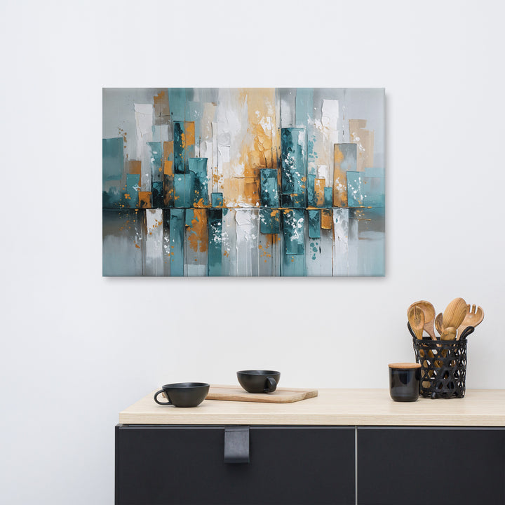 Modern Abstract Cityscape Wall Art – Textured Oil Painting with Teal, Gray & Gold Tones