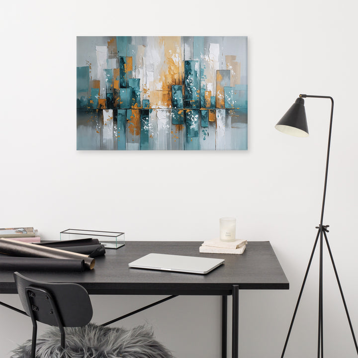 Modern Abstract Cityscape Wall Art – Textured Oil Painting with Teal, Gray & Gold Tones