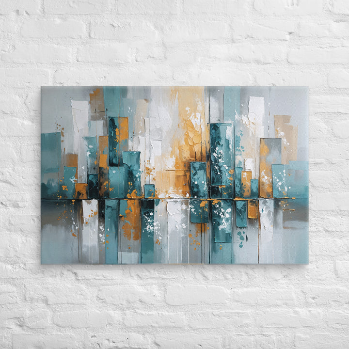 Modern Abstract Cityscape Wall Art – Textured Oil Painting with Teal, Gray & Gold Tones