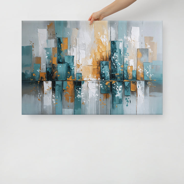 Modern Abstract Cityscape Wall Art – Textured Oil Painting with Teal, Gray & Gold Tones