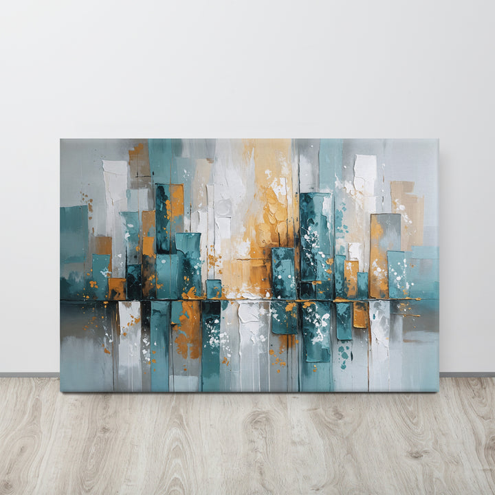 Modern Abstract Cityscape Wall Art – Textured Oil Painting with Teal, Gray & Gold Tones