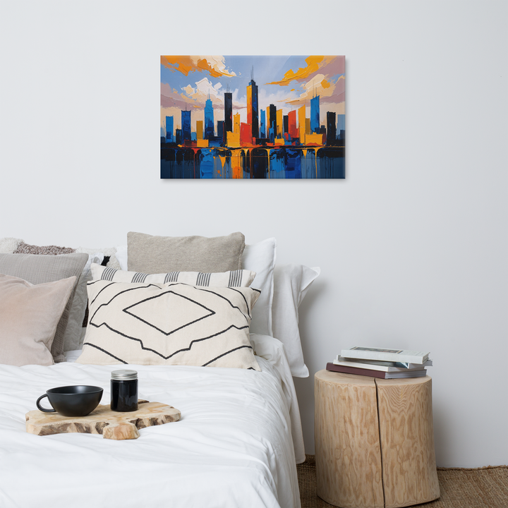 Vibrant Abstract Cityscape Wall Art – Textured Modern Painting in Blue, Orange & Red