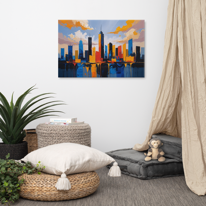 Vibrant Abstract Cityscape Wall Art – Textured Modern Painting in Blue, Orange & Red