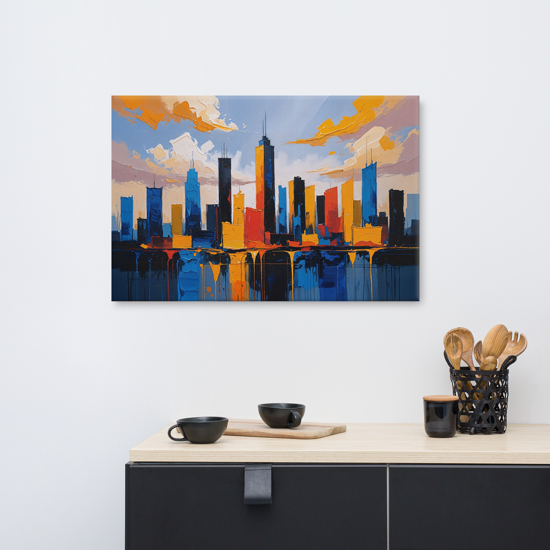 Vibrant Abstract Cityscape Wall Art – Textured Modern Painting in Blue, Orange & Red