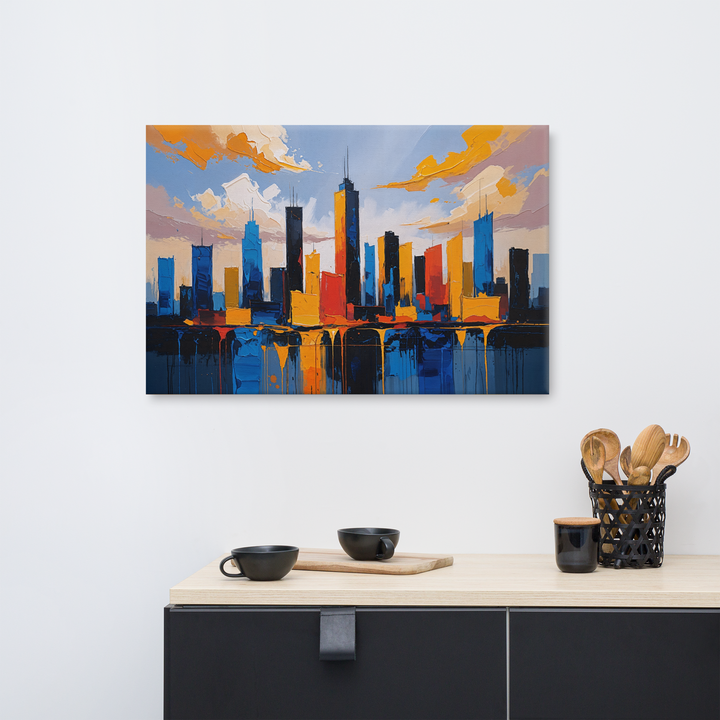 Vibrant Abstract Cityscape Wall Art – Textured Modern Painting in Blue, Orange & Red