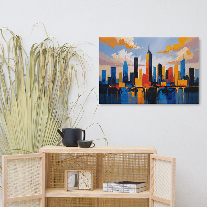 Vibrant Abstract Cityscape Wall Art – Textured Modern Painting in Blue, Orange & Red