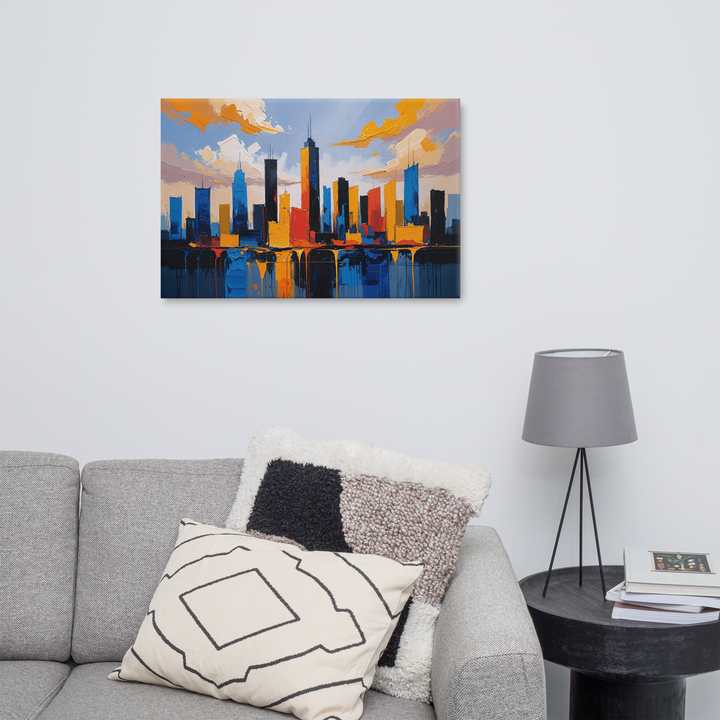 Vibrant Abstract Cityscape Wall Art – Textured Modern Painting in Blue, Orange & Red