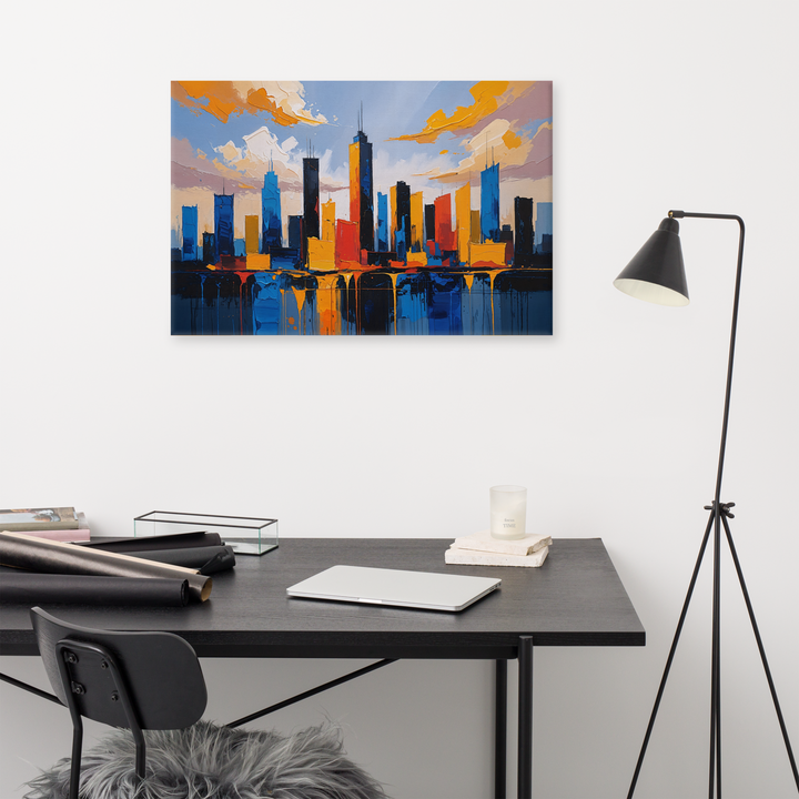 Vibrant Abstract Cityscape Wall Art – Textured Modern Painting in Blue, Orange & Red