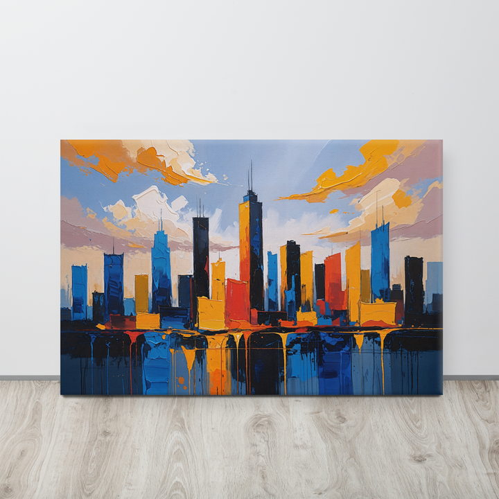 Vibrant Abstract Cityscape Wall Art – Textured Modern Painting in Blue, Orange & Red