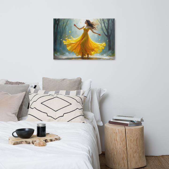 Surreal Oil Painting of Dancing Woman in Yellow Dress – Abstract Glass-Inspired Art in Blue and Gray