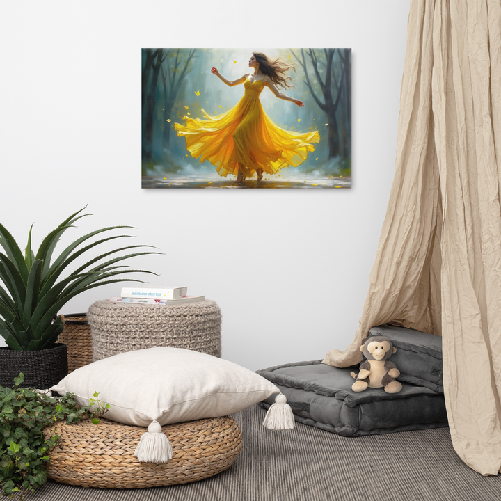Surreal Oil Painting of Dancing Woman in Yellow Dress – Abstract Glass-Inspired Art in Blue and Gray