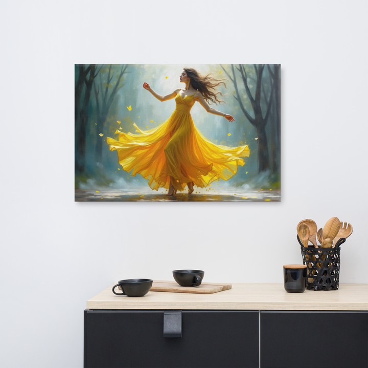 Surreal Oil Painting of Dancing Woman in Yellow Dress – Abstract Glass-Inspired Art in Blue and Gray