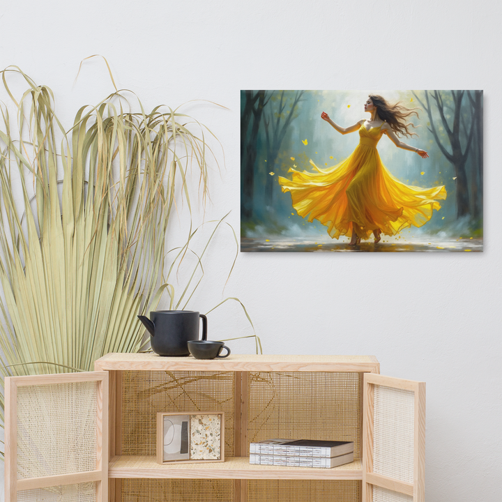 Surreal Oil Painting of Dancing Woman in Yellow Dress – Abstract Glass-Inspired Art in Blue and Gray